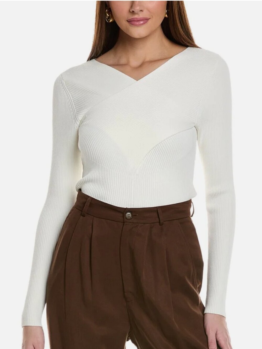 Reiss Heidi Knitted Wrap Long Sleeve Ivory Top Women’s Ribbed Cross-Front Large